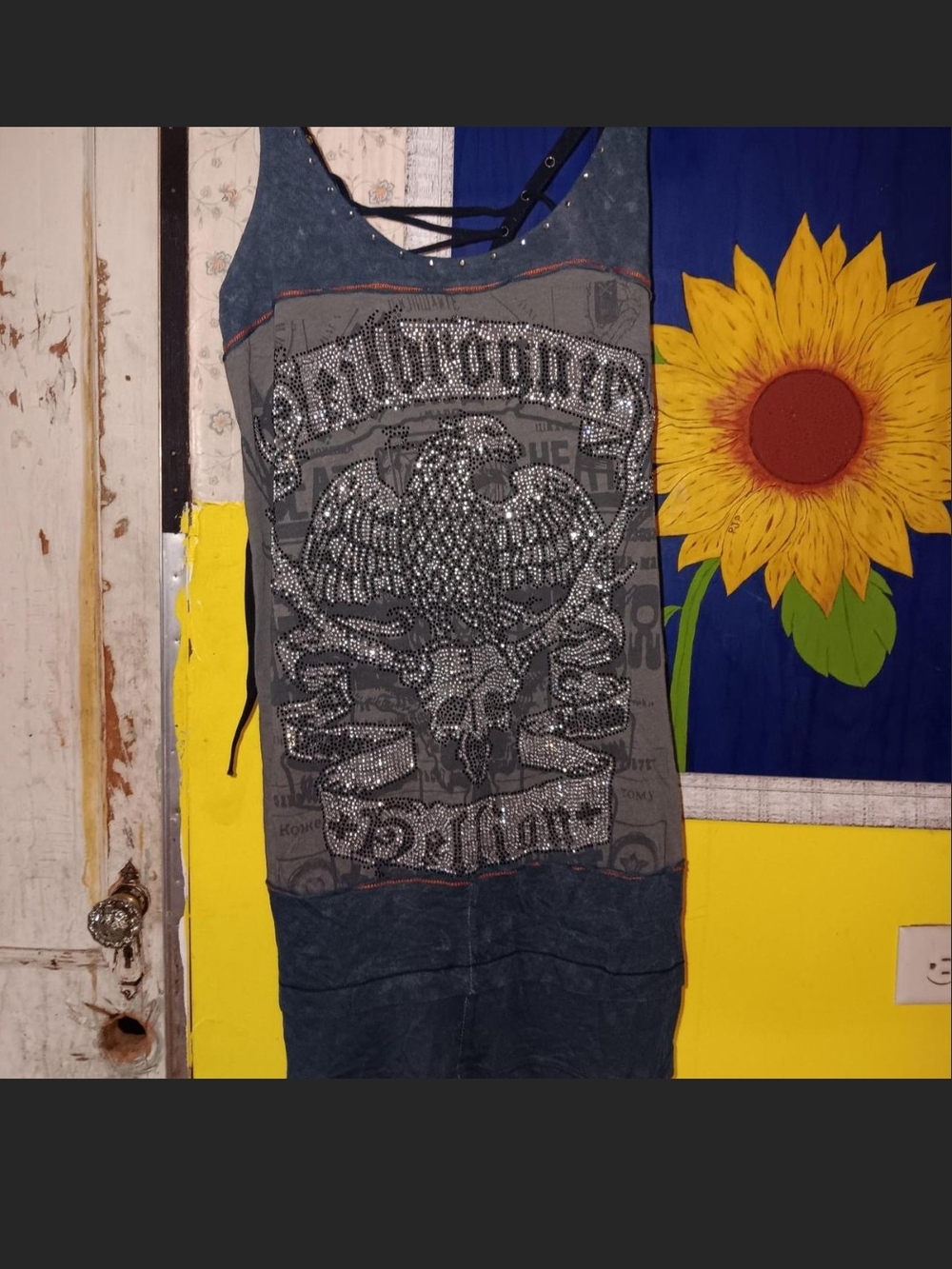 Salvage Rare Rhinestone Skull and Eagle Graphic Studded Mini DRESS. S
